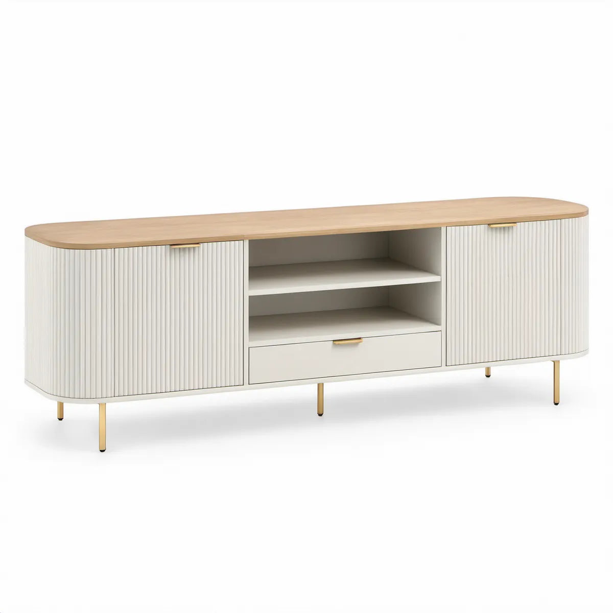 Zaoblený TV stolek 180 × 40 × 55 cm, bílý, světle hnědý a zlatý