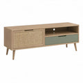 TV stolek 120 × 40 × 55 cm z MDF v dekoru světlého dubu se zelenou zásuvkou a ratanovým výpletem