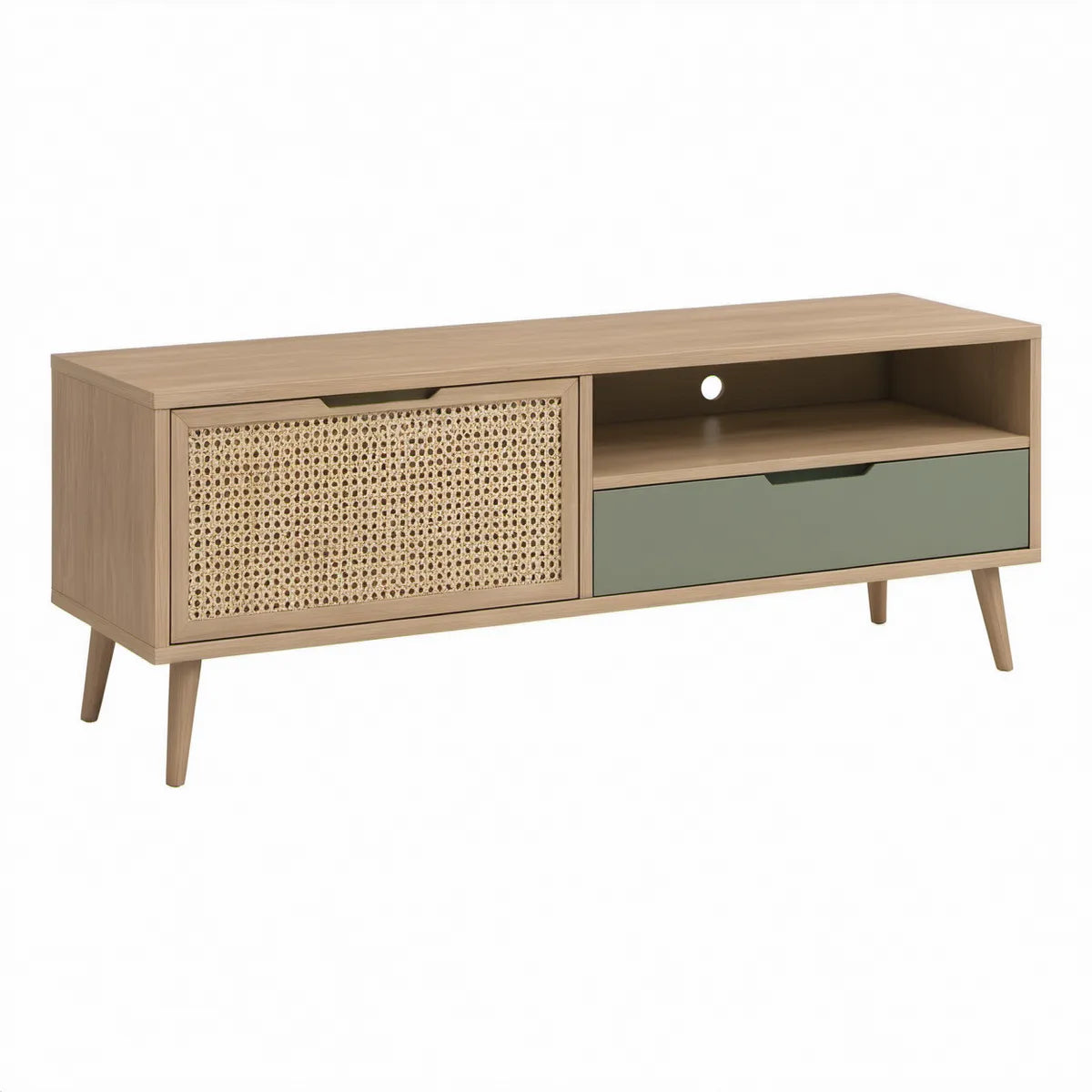 TV stolek 120 × 40 × 55 cm z MDF v dekoru světlého dubu se zelenou zásuvkou a ratanovým výpletem