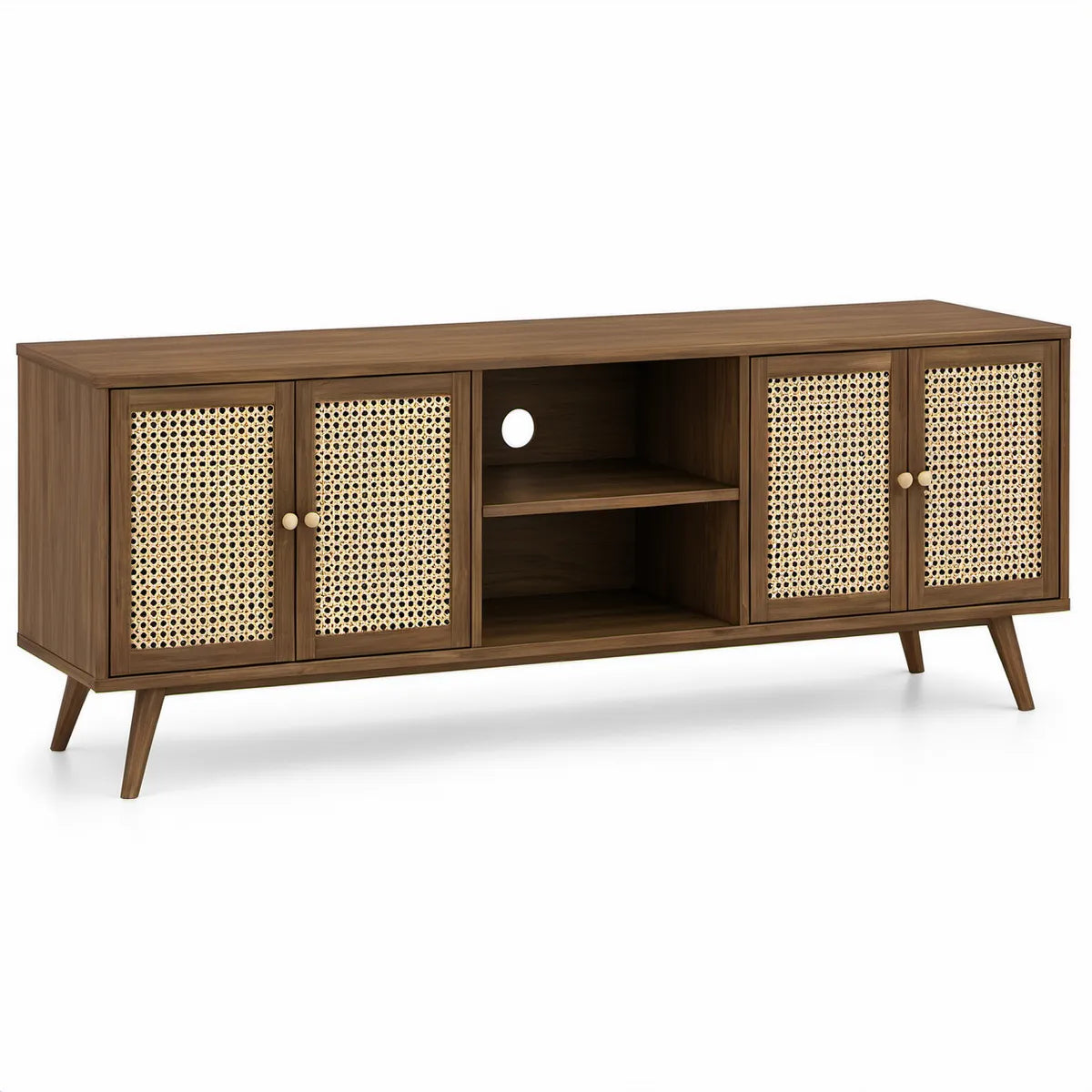 TV stolek se 4 ratanovými dvířky a otevřenými přihrádkami, ořechový/přírodní béžový, 160 × 40 × 75 cm